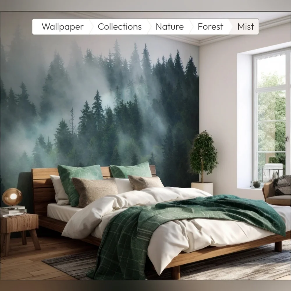 Green Misty Forest Wallpaper Mural - Removable Wallpaper (Peel & Stick)